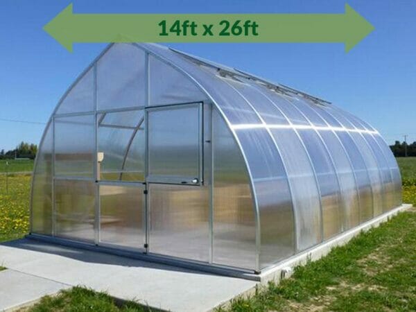 Hoklartherm Riga XL 8 Greenhouse 14x26 with green arrow on top showing dimensions