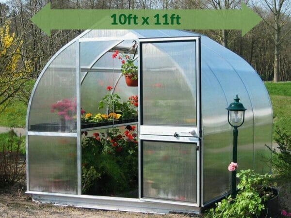 Hoklartherm Riga 3 Greenhouse 10x11 green arrow with text displaying dimensions 10ft x 11ft