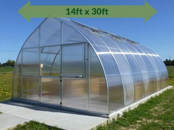 Hoklartherm Riga XL 9 Greenhouse 14x30 outer view with a green arrow on top showing dimensions