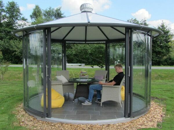 Hoklartherm Classico Garden Pavilion in Anthracite Grey with people sitting inside