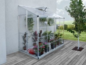 Full set-up of the Palram 4in x 8in Hybrid Lean-To with plants inside for Palram accessories