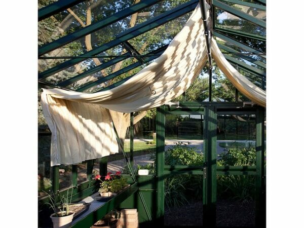 Inside a Janssens Retro Victorian Greenhouse that features the Premium Kit including shelves, shade curtains, and a misting system