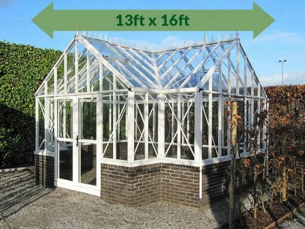 Janssens T-Shaped Royal Victorian Antique Orangerie 13ft x 16ft, green arrow displaying text of dimensions 13ft x 16ft