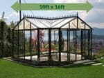 Janssens T-Shaped Royal Victorian Orangerie 10ft x 16ft with green arrow displaying text of dimensions 10ft x 16ft