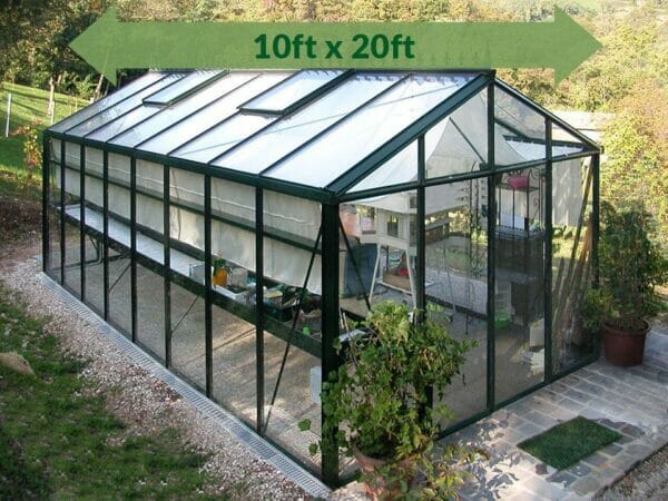Janssens Royal Victorian VI36 Greenhouse 10ft x 20ft with green arrow displaying text of dimensions 10ft x 20ft