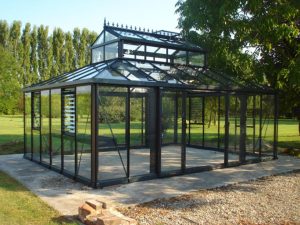 Black Janssens Cathedral Victorian Greenhouse 15ft x 20ft, empty, view from the side