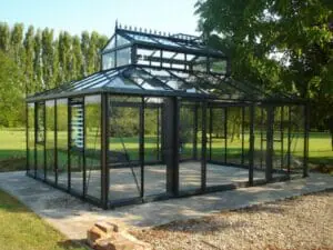 Black Janssens Cathedral Victorian Greenhouse 15ft x 20ft, empty, view from the side