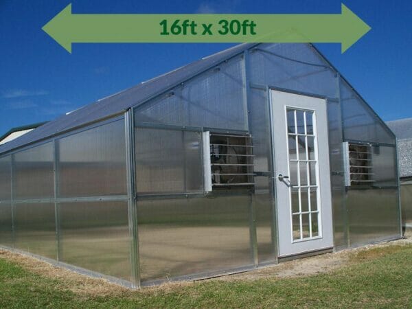 Riverstone Industries (RSI) 16ft x 30ft Jefferson Premium Educational Greenhouse  R16306-P(G) - full view - green arrow on top showing dimensions