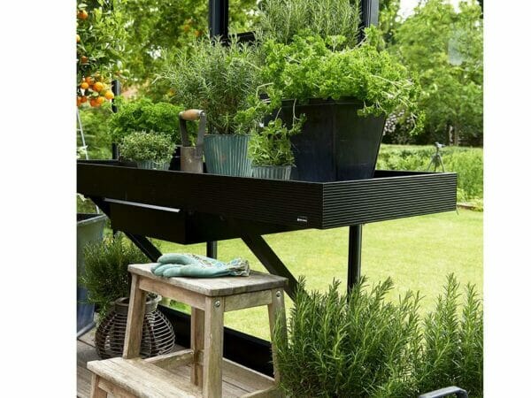 Juliana Oase Anthracite Toughened Glass 12ft x 12ft. Interior working bench with plants
