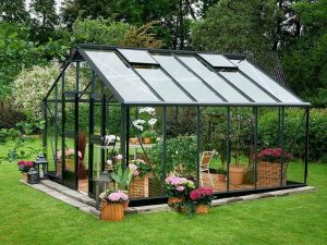 Juliana Gardener Greenhouse 12ft x 14ft - anthracite - 3mm toughened glass - open door - in a garden