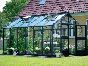 Juliana Premium Greenhouse 9ft x 14ft Anthracite 3mm safety glass with plants inside. Outdoor setting. Side and Front View. One Open Door