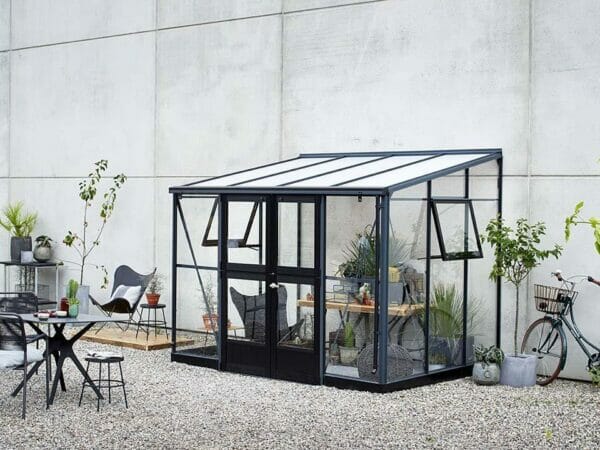 Juliana Veranda Greenhouse 10ft x 7ft anthracite. Front and Side View with open windows