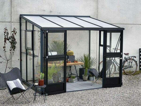 Juliana Veranda Greenhouse 10ft x 7ft anthracite. Front and Side View with open doors