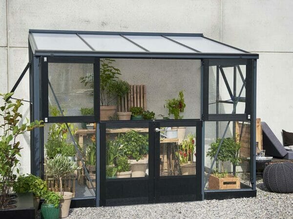 Juliana Veranda Greenhouse 10ft x 7ft anthracite. Front and Side View with upper doors open