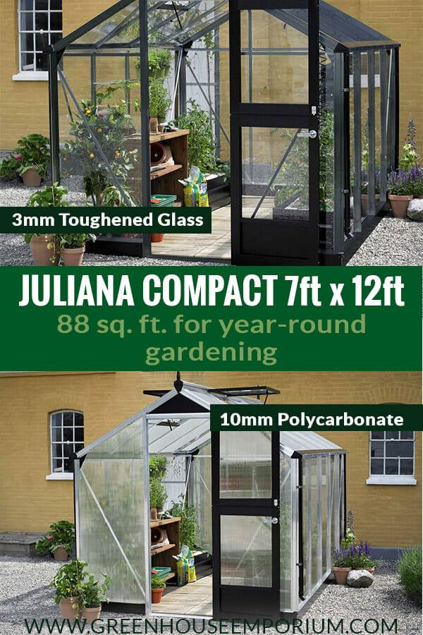 3mm toughened glass above and 10mm Polycarbonate below with the text in the middle saying Juliana Compact 7ft x 12ft 88 sq.ft. for year-round gardening