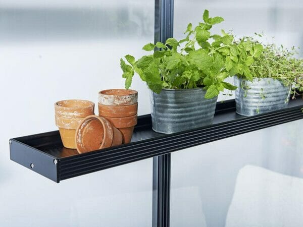 One end of the Juliana Narrow Top Shelves with plants and pots