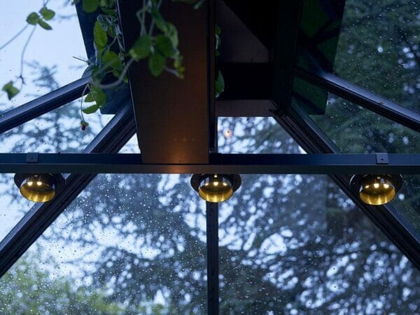 Three Juliana Greenhouse Interior Solar Lights in a row (installed inside a greenhouse)