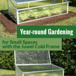 Cold frame with lid open and closed and the text: Year-round Gardening for Small Spaces with the Juwel Cold Frame