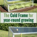 Slightly opened Juwel Year-Round Cold Frame above and fully opened cold frame below with the text in the middle saying Year-round gardening for small spaces with the Jewel Cold Frame
