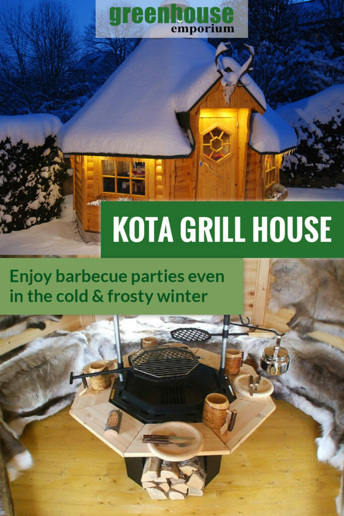 The Finnish Kota House in winter and the interior of it with the text: The Kota Grill House - Enjoy barbecue parties even in the cold & frosty winter