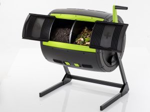Open MAZE Compost Tumbler with compost inside