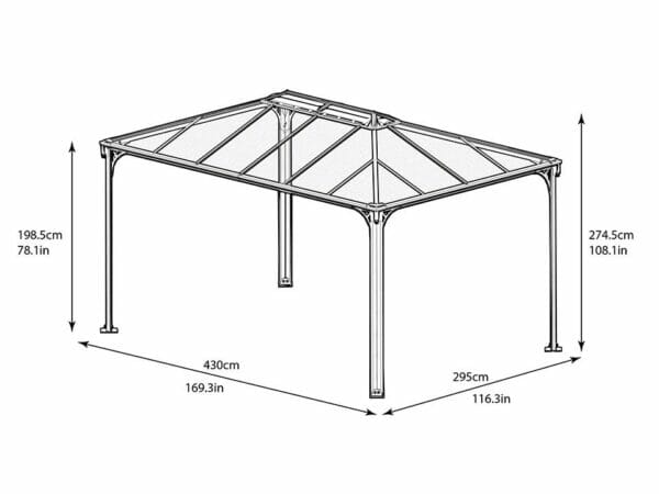 Full view of Martinique Hard Top Gazebo with dimensions - white background