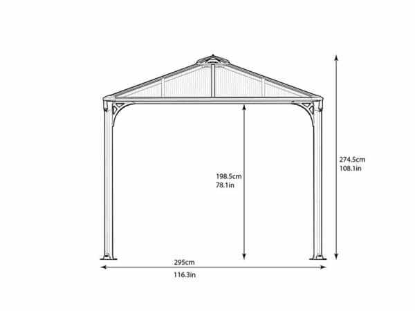 Side view of Martinique Hard Top Gazebo with dimensions - white background