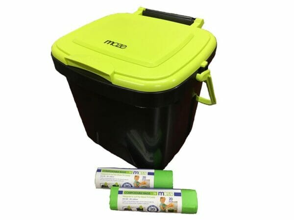Maze Kitchen Caddie Compost Bin 1.85 gal with 2x rolls of corn bags (20 bags) on white background