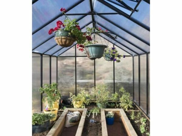 Riverstone MONT Greenhouse 8x20 - interior view with plants and flowers