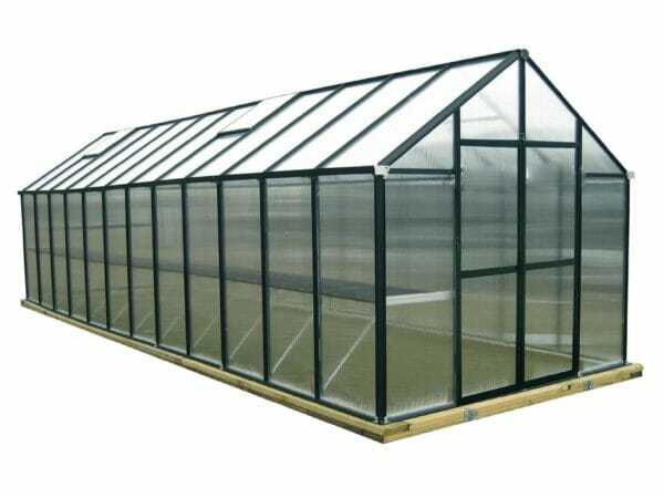 Riverstone Monticello Greenhouse 8x24 in black with a white background