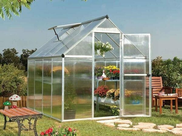 Palram Mythos 6ft x 8ft Hobby Greenhouse HG5008 - full view  - in a garden