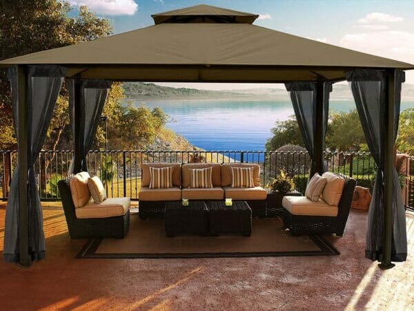 Santa Cruz Gazebo with Cocoa Sunbrella Top and Open Privacy Curtains and Open Mosquito Netting