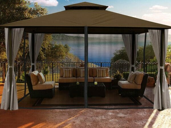 Santa Cruz Gazebo with Cocoa Sunbrella Top and Open Privacy Curtains and Closed Mosquito Netting