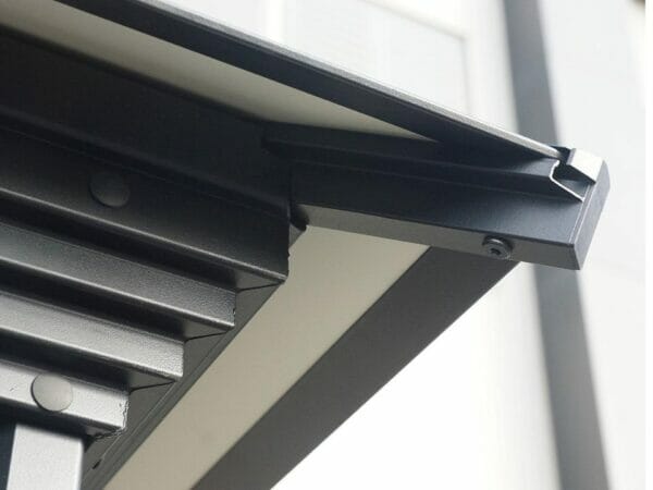 Detail view of the corner where the canopy attaches to the frame