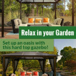 Fully set up Paragon Madrid Hard Top Gazebo 10ft x 13ft showing interior roof, below is a fully set up gazebo by the pool with the text: Relax in your garden - Set up an oasis with this hard top gazebo