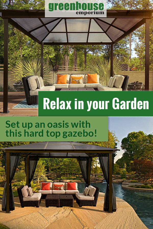 Fully set up Paragon Madrid Hard Top Gazebo 10ft x 13ft showing interior roof, below is a fully set up gazebo by the pool with the text: Relax in your garden - Set up an oasis with this hard top gazebo