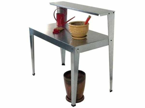 Side view of the Galvanized Potting Bench in white background with accessories