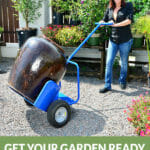 A woman pushing the Potwheelz Garden Dolly with a heavy huge pot on it and the text: Get your Garden Ready - Easily move your big planters with the Potwheelz Garden Dolly