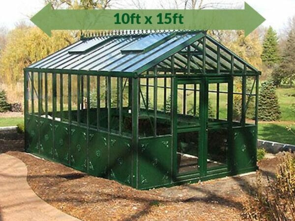 Bare Janssens Retro Royal Victorian VI34 Greenhouse 10ft x 15ft - full view - in a garden - green arrow on top showing dimensions 10ft x15ft