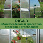 Riga 3 exterior view on top and Riga 3 interior view below with the text Riga 3 More headroom & space than other small greenhouses