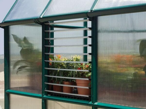 Open Rion Side Louver Window installed in a greenhouse