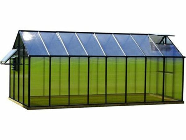 MONT Greenhouse 8x16 side view, roof vent and window open