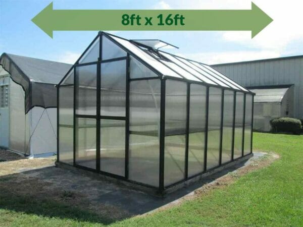 Riverstone Monticello Greenhouse 8x16 - full view - green arrow on top showing dimensions