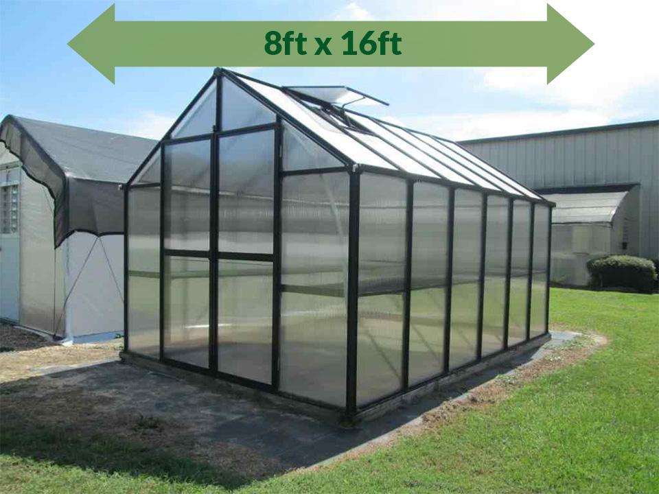 Riverstone MONT Greenhouse 8x16 - full view - green arrow on top showing dimensions