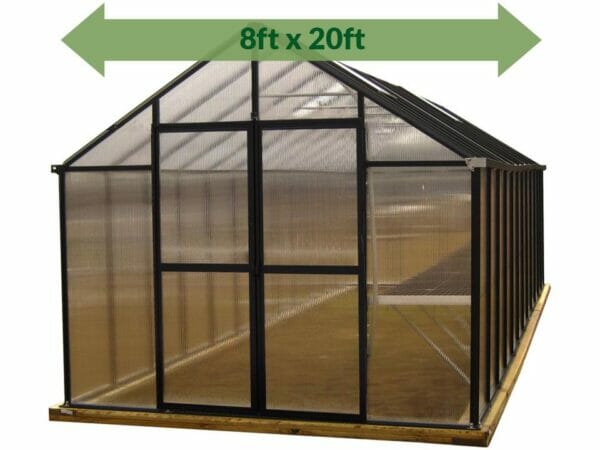 Riverstone MONT Greenhouse 8x20 - front view - green arrow on top showing dimensions - white background