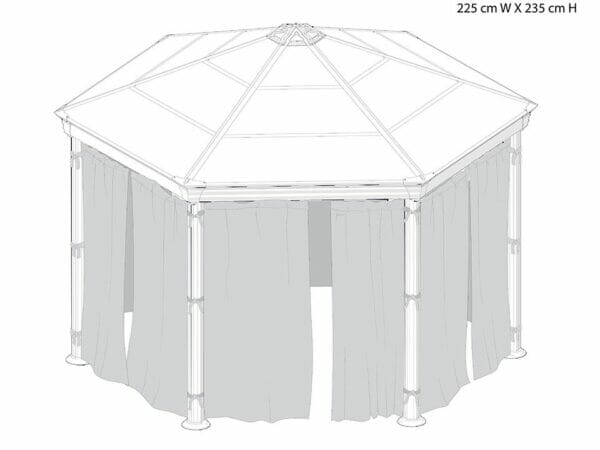 Roma Gazebo Curtain Set enclosing a gazebo with dimensions - white background