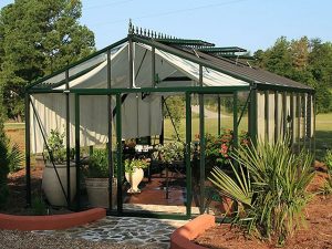 Front view of the Janssens Royal Victorian VI46 Greenhouse 13ft x 20ft with stretched out curtains