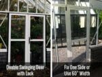 Two images side-by-side of the double swinging door on the Janssens T-Shaped Royal Victorian Antique Orangerie