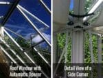 Two images side-by-side of the roof window with automatic opener (left) and the corner inside the Janssens T-Shaped Royal Victorian Antique Orangerie