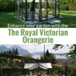 Janssens T-Shaped Royal Victorian Orangerie 10ft x 16ft set up in a beautiful garden with great landscapes and below is a front view with the text in the middle saying Enhance your garden with The Royal Victorian Orangerie